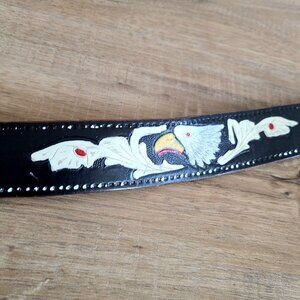 Handmade black tooled leather belt with painted eagles.